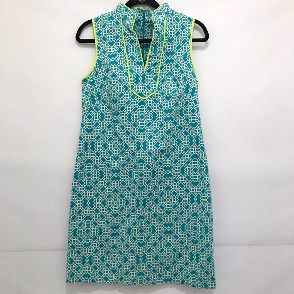 Eliza J. Women's Blue/White Printed Lime Green Trim Shift Zipper Dress Size 8 - Picture 1 of 7